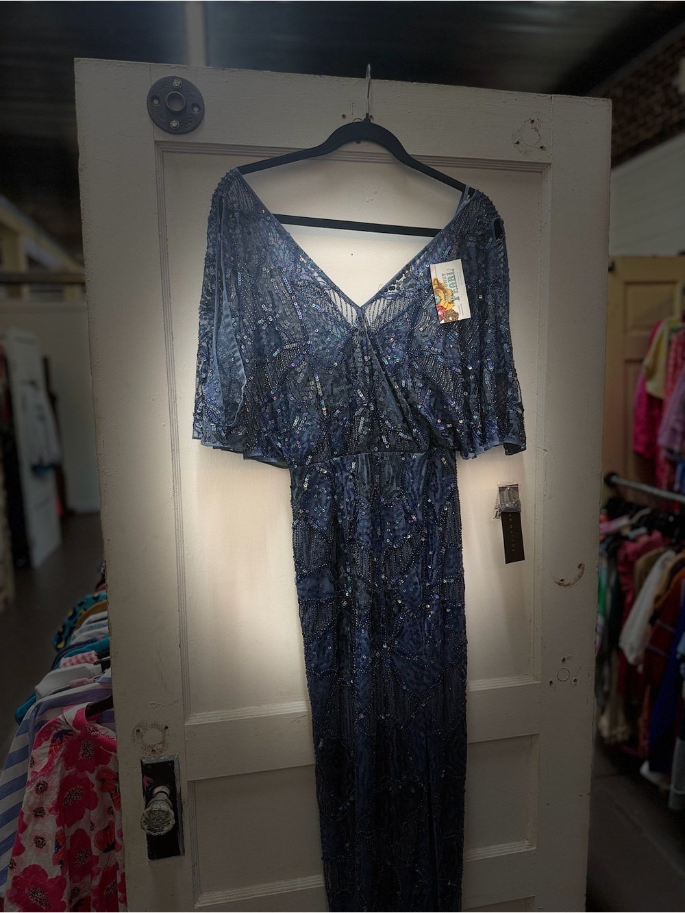 Aidan Mattox Navy Blue Sequin V-Neck Maxi Gown